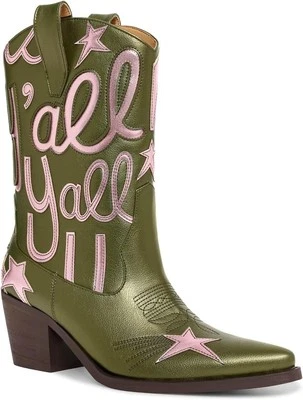 Botas vaqueras metálicas para mujer media pantorrilla tacón bajo punta mujer vaquera...  Foto 1 de 4