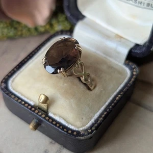Vintage 9ct Gold Smoky Quartz Ring | Size R Cocktail Heart Statement - Picture 1 of 9