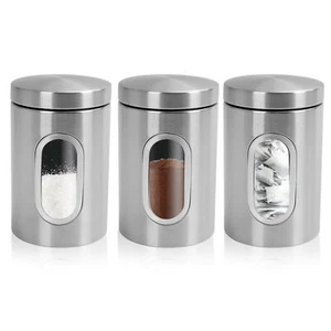 Kitchen Canister Set 3 Piece Coffee Tea Sugar Caddy Clear Viewing Window Silver - Picture 1 of 6