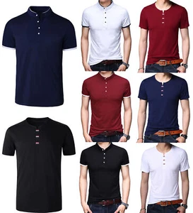 Mens Slim Fit Henley Neck T-Shirt Short Sleeve Grandad Tops Golf Polo Shirt - Picture 1 of 19
