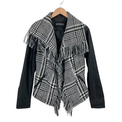 Chaqueta Guess Moto Mujer M Negra Mezcla Lana Imitación Cuero Brazos Flecos Borde Cuadros Foto 1 de 4
