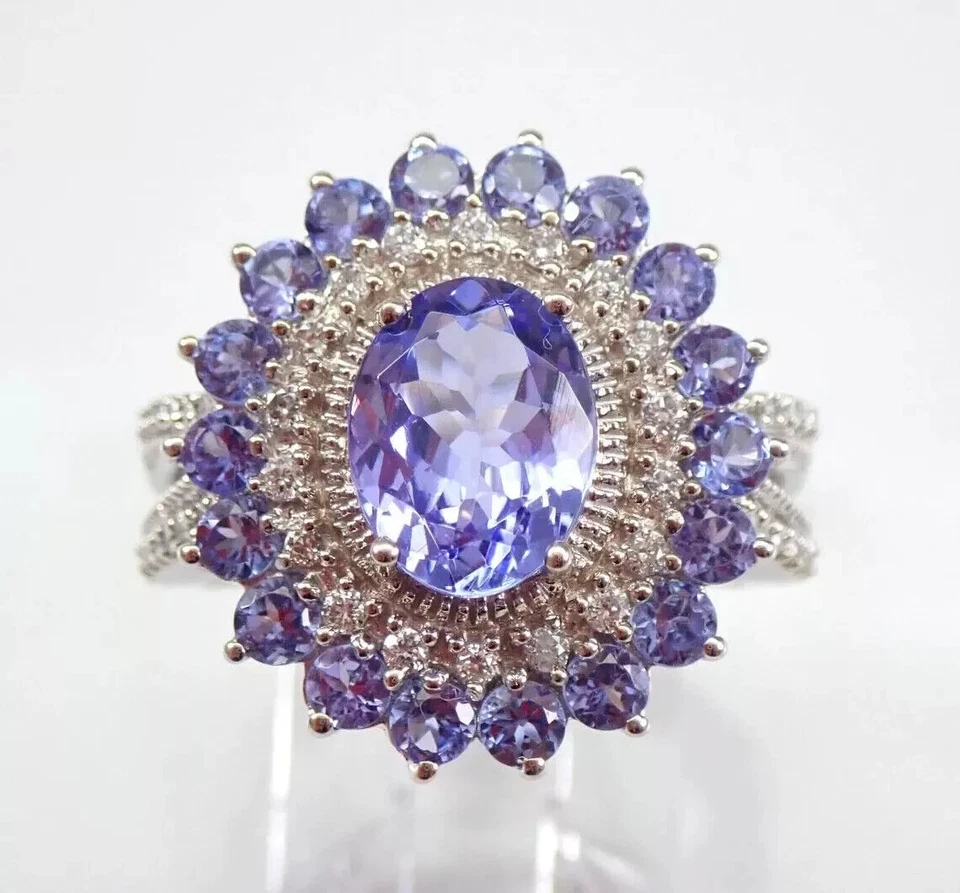 4 Ct Oval Tanzanite Lab-Created Flower Halo Engagement Ring 14K White Gold Over - Image 1 of 4