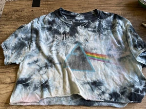 Pink Floyd Women Top Blue Tie Dye T-Shirt Crop The Dark Side Of The Moon sz M - Picture 1 of 3