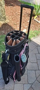Golf cart trolley bag RJ black pink wheels 14 15 div shoulder strap rain... - Picture 1 of 12