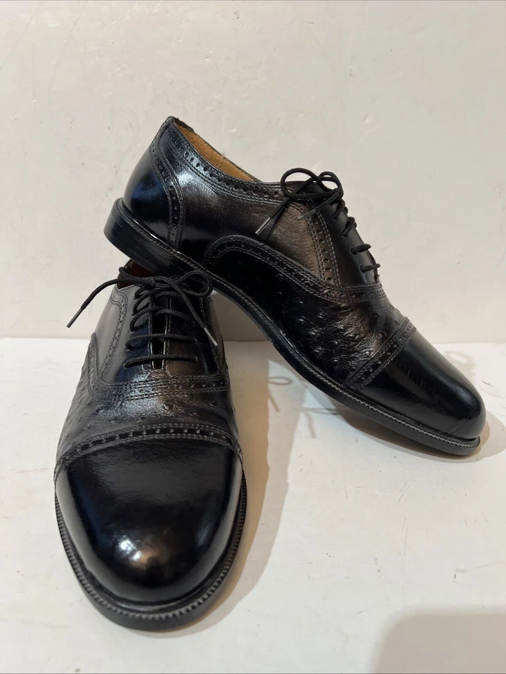 Stanley Blacker Men Black Ostrich Leather Captoe Laceup Shoes 9.5W Made In Italy - Image 1 of 4