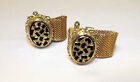 Oval Gold Tone Mesh Band Cufflinks w/ Charcoal Spotted Enamel Piece Center (4J)