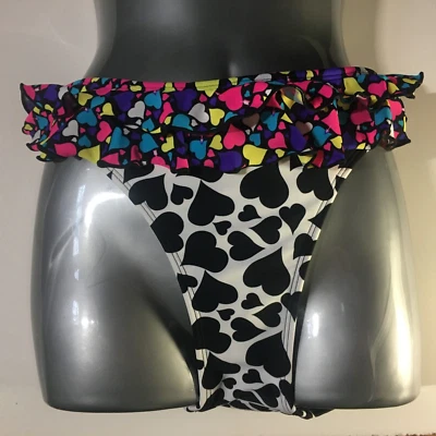 Parte inferior de bikini Op Swim XL 15-17 negro blanco rosa corazón neón colorido volante Foto 1 de 4
