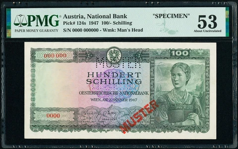 Austria 100 Schilling 1947 Pick 124s Specimen PMG 53 - FREE SHIPPING Cover