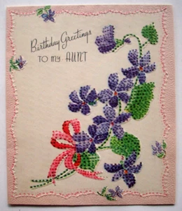 Faux cross stitch Violets To Aunt vintage Birthday greeting card *CC7 - Picture 1 of 3