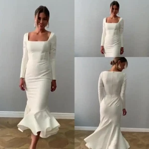 Elegant Mermaid Wedding Dresses Tea Length Square Neck Long Sleeves Bridal Gowns - Picture 1 of 10