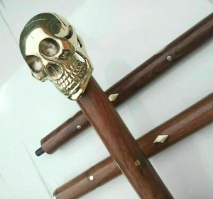 Antique Walking Cane Wooden Stick Brass Skull Head Handle Vintage Knob Cane Gift - Picture 1 of 9