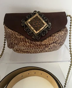 LEATHEROCK Snakeskin Crossbody Handbag & Belt Embellished Brown Leather USA - Picture 1 of 16