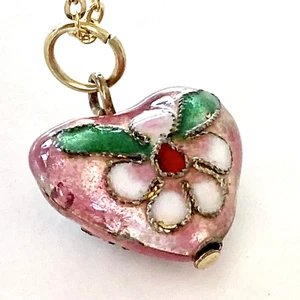Vintage rosa Cloisonné Puff Herz Halskette Emaille Blumen vergoldet 18" - Bild 1 von 11