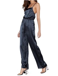 Nasty Gal Jumpsuit Womens Sz 8 Satin Print Teal Square Neck Lace Strappy Back - Picture 1 of 10