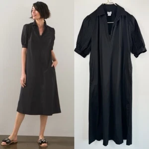 Chico's Size 4 Black Eyelet Puff Sleeve Midi Dress Minimalist Pockets - Picture 1 of 8