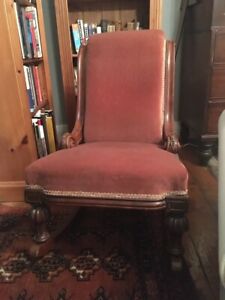 Antique Victorian rocking chair, carved wood and upholstered