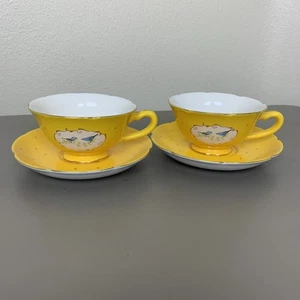 Anthropologie Blue Bird Gelb Teetasse Untertasse 2er Set Tassen Gold Tupfen - Bild 1 von 13