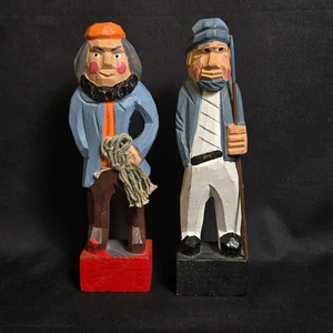 Pair Hand Carved Wooden Fishermen Figures 6" Nautical Folk Art Seafarer Decor - Picture 1 of 9