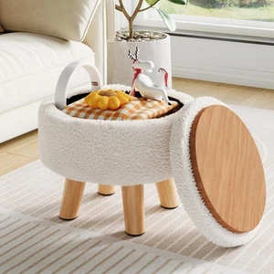 Runder Pouf kleine Ottomane Fußstütze weiß Boucle Hocker mit Stauraum Teddy Samt - Bild 1 von 7