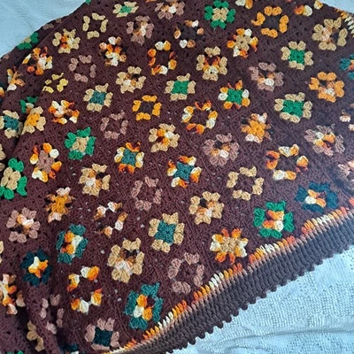 Vtg Granny Square Crochet Afghan Quilt Blanket Throw Brown Roseanne 56” x 56” - Image 1 of 3