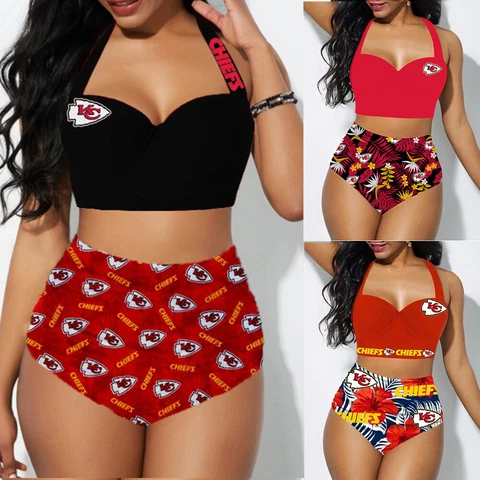 Kansas City Chiefs 2PCS Women's Floral Bikini Butt Lift Swimsuit Bathing Suit Cover