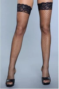BeWicked Amber Lace Top Fishnet Thigh Highs Black - Fishnet Thigh High Stockings - Picture 1 of 3