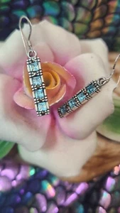 Vintage Blue Topaz Bar Dangle Earrings Solid Sterling Silver 925 Gemstone Modern - Picture 1 of 3