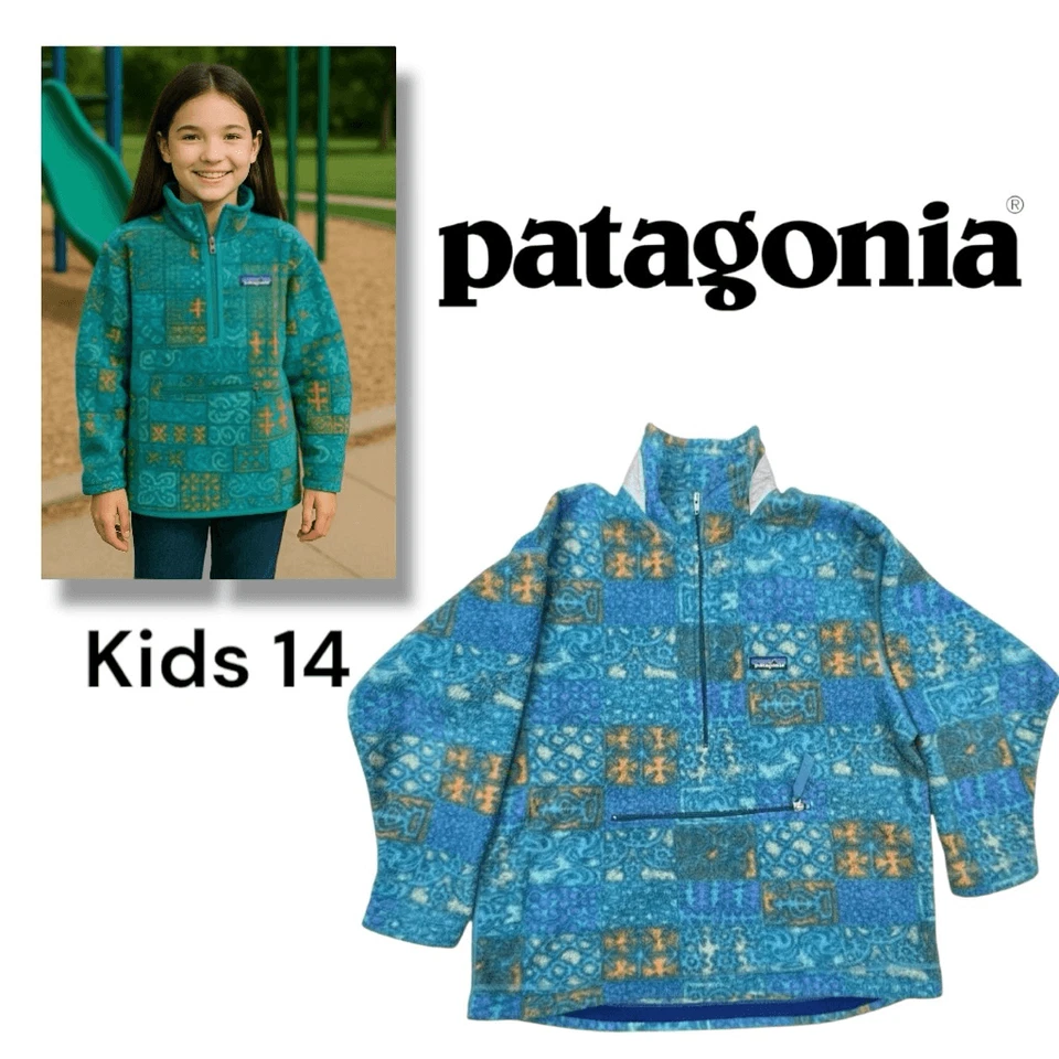 Patagonia Sweater Kids Printed Half Zip Mock Neck  Fleece Synchilla Blue Sz 14 - Image 1 of 4