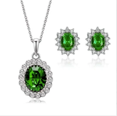 925 Placcato Argento Lucente Verde Festa Matrimonio Sposa Orecchini Collana Set - Immagine 1 di 4