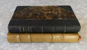 Lot of 2 Antique Books, Leather Bindings, Marbled Endpapers, 19th Century, Decor - Picture 1 of 8
