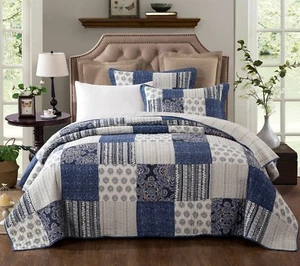 DaDa Bedding Cotton Bohemian Denim Blue Farmhouse Patchwork Floral Bedspread Set - Picture 1 of 14