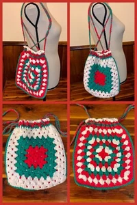 Vintage Hobo Geldbörse Tasche gehäkelt Strick Kordelzug Weihnachten handgefertigt 1970er Jahre - Bild 1 von 10