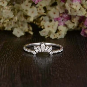 0.5ctw Marquise Cut Moissanite Curved Crown Wedding Band 14K White Gold Plated - Picture 1 of 9