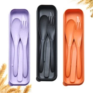 Reusable Travel Utensils Set with Case 3 Sets Wheat Straw Portable Plastic Fo... - Picture 1 of 7