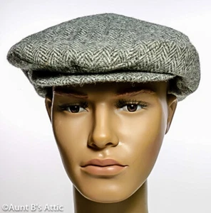 Vintage 80's-90's Harris Tweed Flat Cap Gray Herringbone 100% Wool Cap Lg - Picture 1 of 4