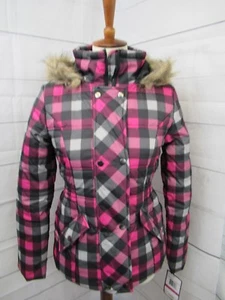 Krush Women's Faux-Fur-Trim Hooded Puffer Coat Checker Pint Size Small - H0303 - Picture 1 of 12