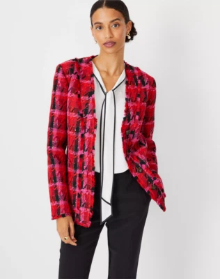 NEW ANN TAYLOR $189 PINK MULTI HOUNDSTOOTH TWEED LONG CARDIGAN JACKET SZ 0 - Image 1 of 4