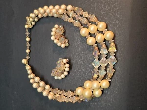 Vintage Aurora Borealis And Faux Pearl Necklace And Clip On Earrings - Picture 1 of 9