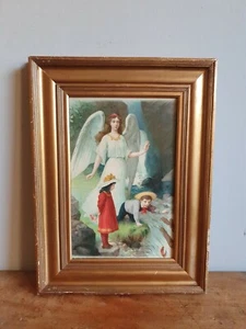 Antique Victorian print Children and Guardian Angel in aged gilt frame - Picture 1 of 12