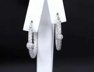 Roberto Coin Primavera 18k White Gold Pave Diamond Basket Weave Hoop Earrings - Picture 1 of 8