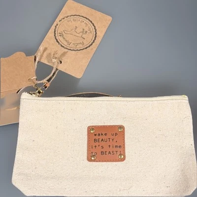 MUD PIE "Wake Up Beauty It’s Time To Beast" Bolsa de Lona com Zíper Maquiagem Nova Com Etiqueta - Imagem 1 de 4