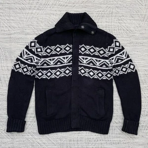 Claiborne Nordic Chunky Knit Cardigan Jumper Men's S Black Full Zip Fair Isle - Picture 1 of 20