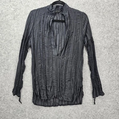 Poet Blouse Womens S M Black Linen Sheer Striped V Neck Textured Y2K Goth USA - Image 1 of 4
