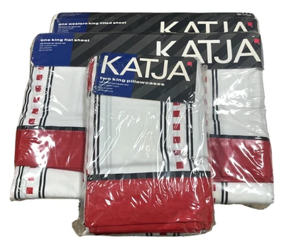 new 80's 90's Geometric Color Block King Bed Sheet Set Vintage Katja 1989 Red - Image 1 of 4