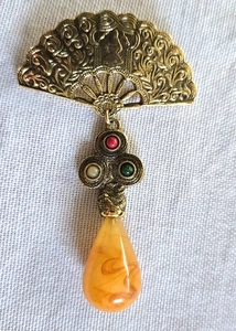 Vintage etruskische Revival Cabocon Steine Träne baumeln Fächer Brosche Anstecknadel - Bild 1 von 6