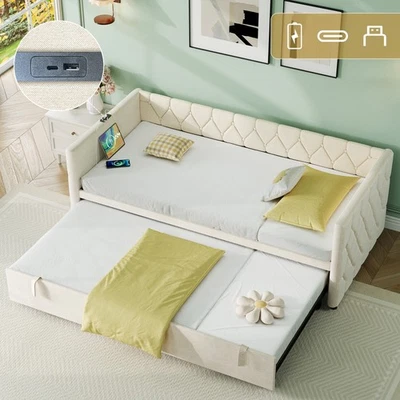 Upholstered Daybed Sofa Bed with Charging Station 3ft Single Button-tufted Bed - Image 1 of 4