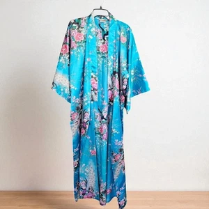 De Colección Años 70 Japonés Asiático Kimono Estilo Yukata Bata Plumero Pavo Real Floral Azul Rosa - Imagen 1 de 20