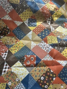 Vtg 1970s Brown Calico Cheater Quilt Fabric Over 1 1/2 Y Cotton Yellow Blue F62 - Picture 1 of 4