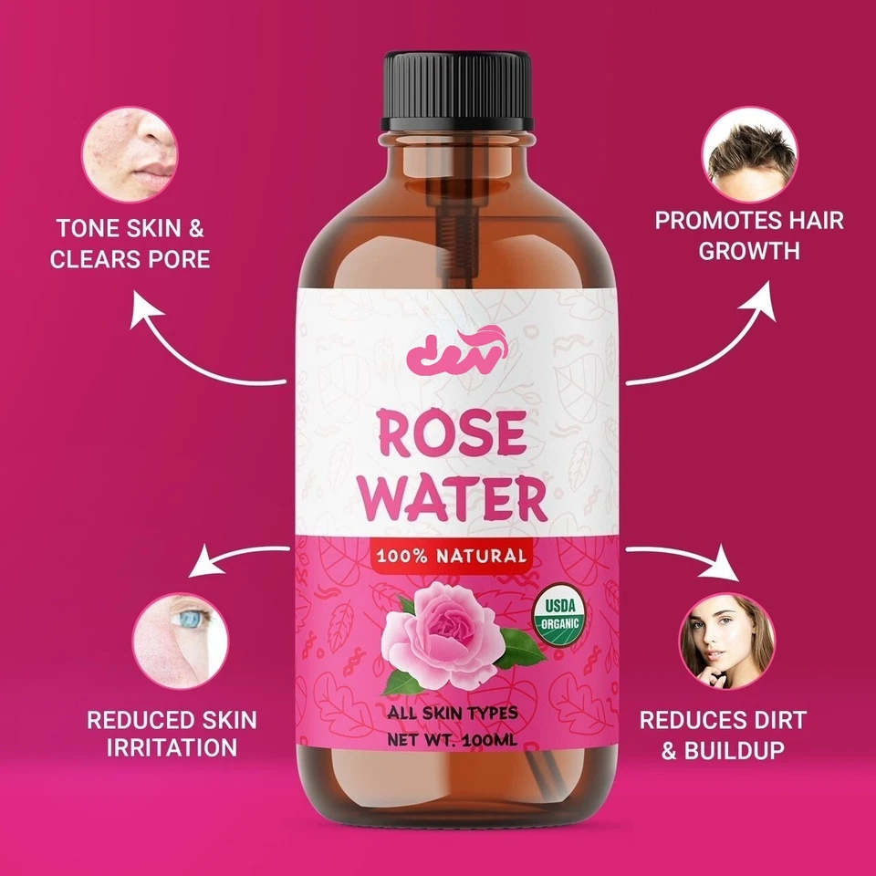 100ML LARGE ORGANIC ROSE WATER OIL 100% PURE AND NATURAL -NON GMO - MADE IN USA - Image 1 of 1
