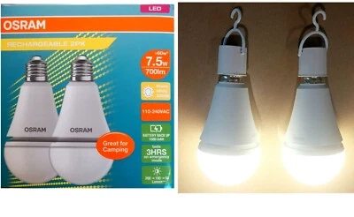2 x Pack Osram 7.5W E27 Rechargeable Globe 700 lms Warm White Light Home Camping - Image 1 of 4